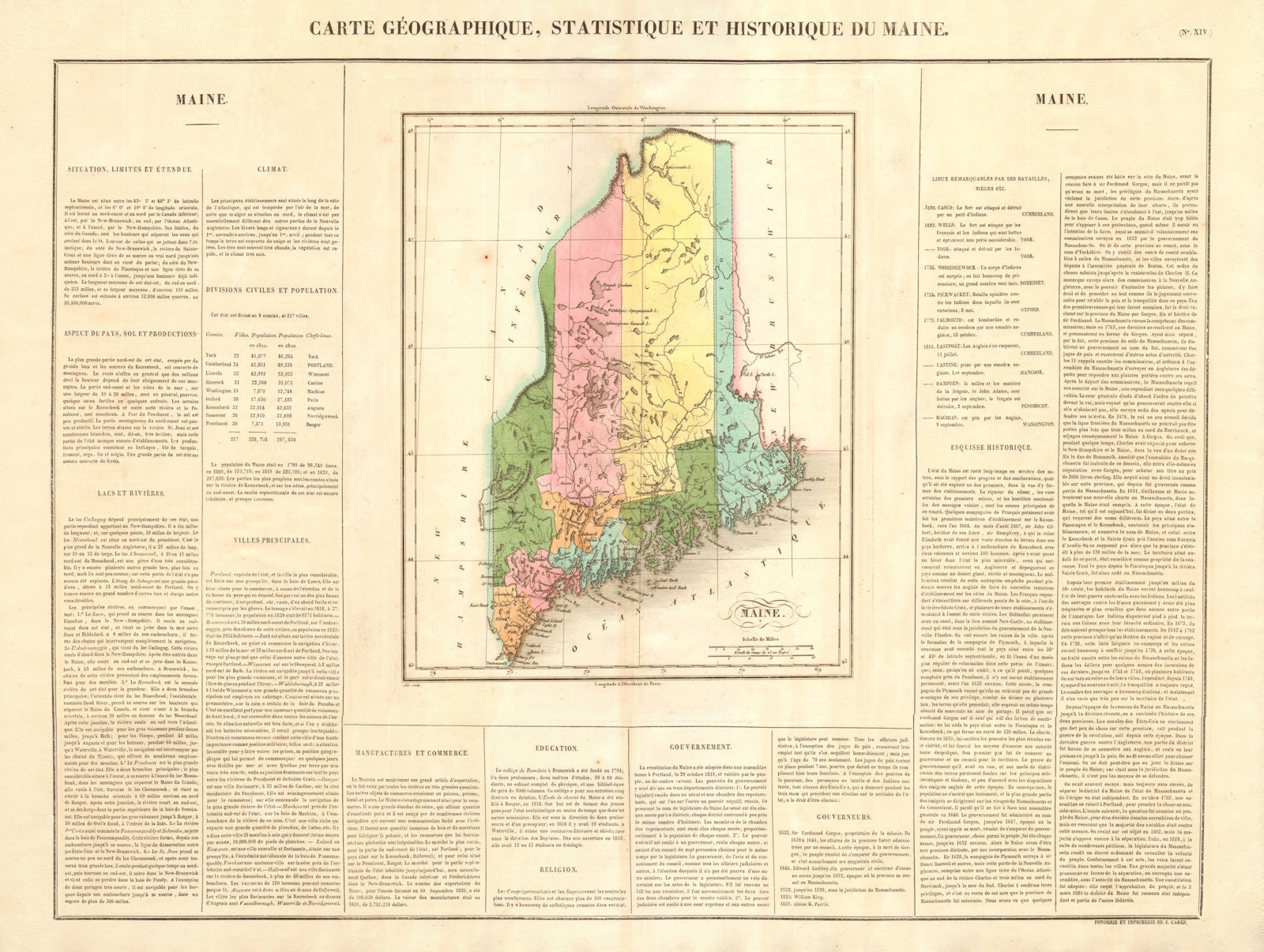 Maine state map. Claimed borders < 1842 Webster-Ashburton Treaty. BUCHON 1825
